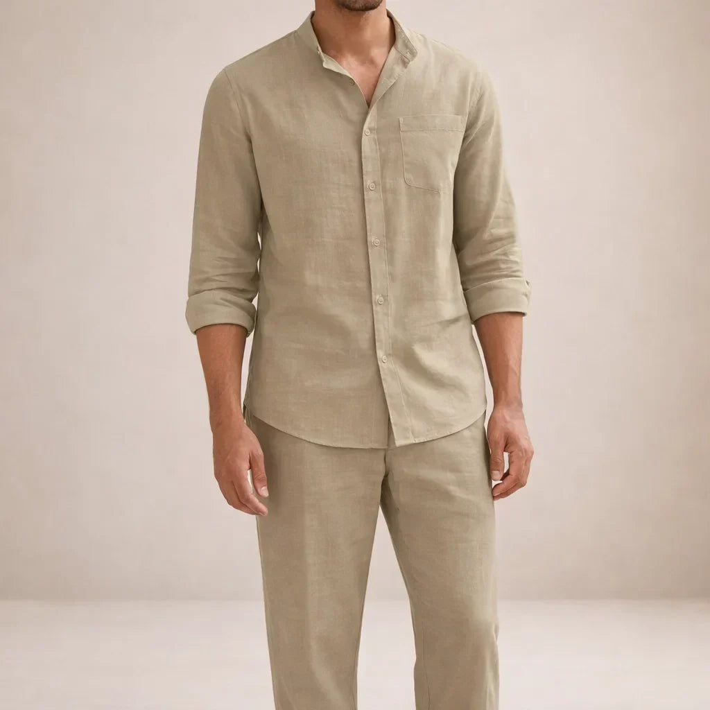 Alpine Men's Linen Casual Two Piece Set With Button Front Shirt And Trousers In Sand