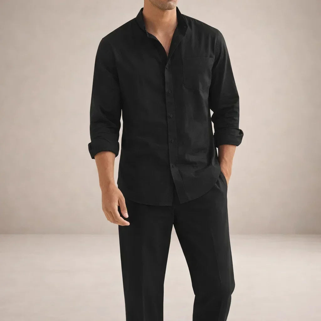 Alpine Men's Linen Casual Two Piece Set With Button Front Shirt And Trousers In Sand