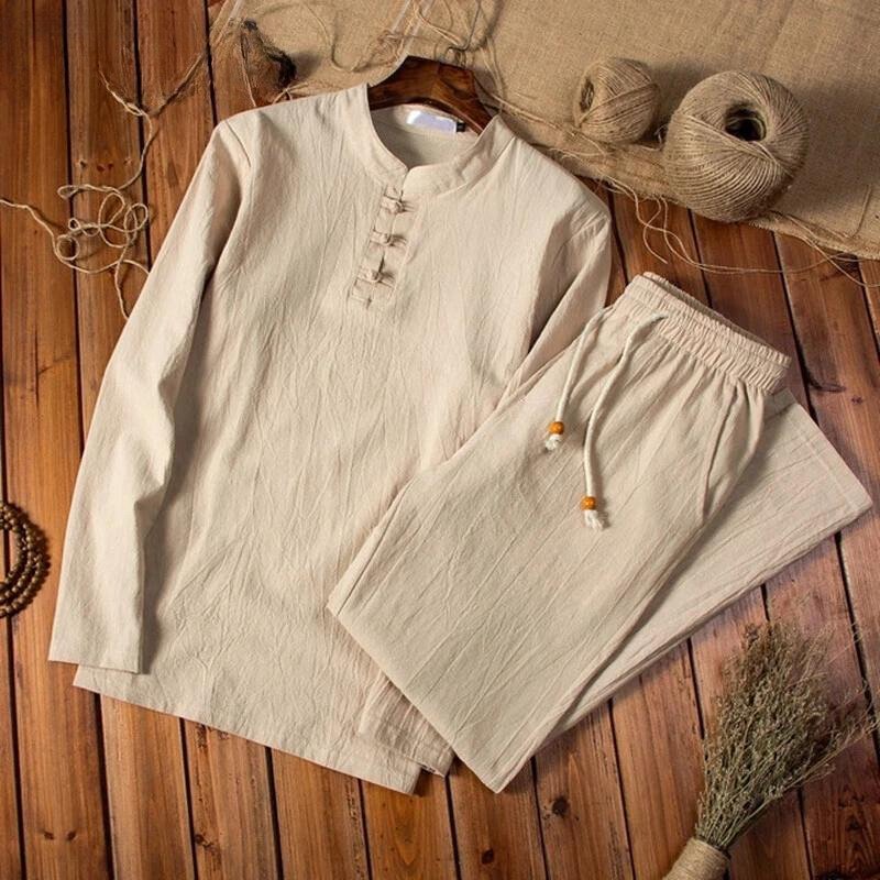 Mens Long Sleeve Frog Button Two Piece Set With Drawstring Trousers