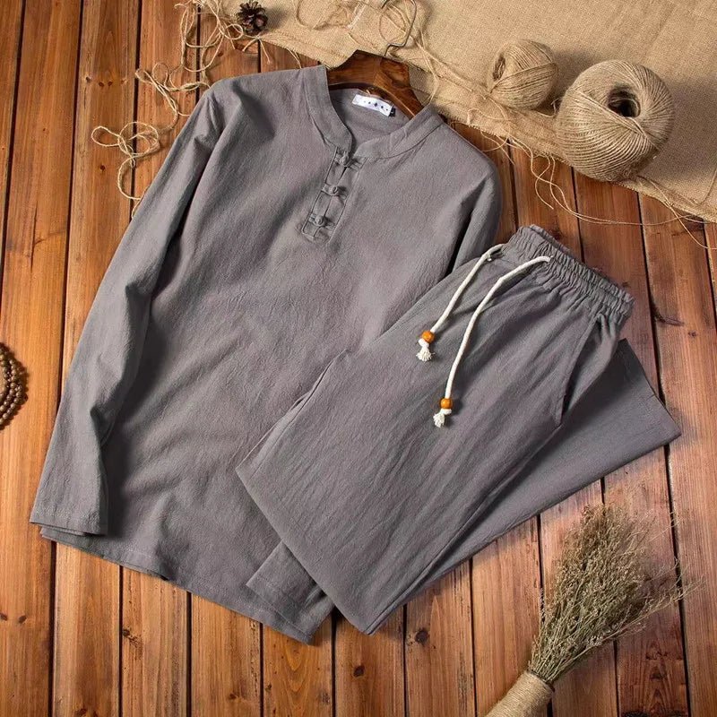 Mens Long Sleeve Frog Button Two Piece Set With Drawstring Trousers