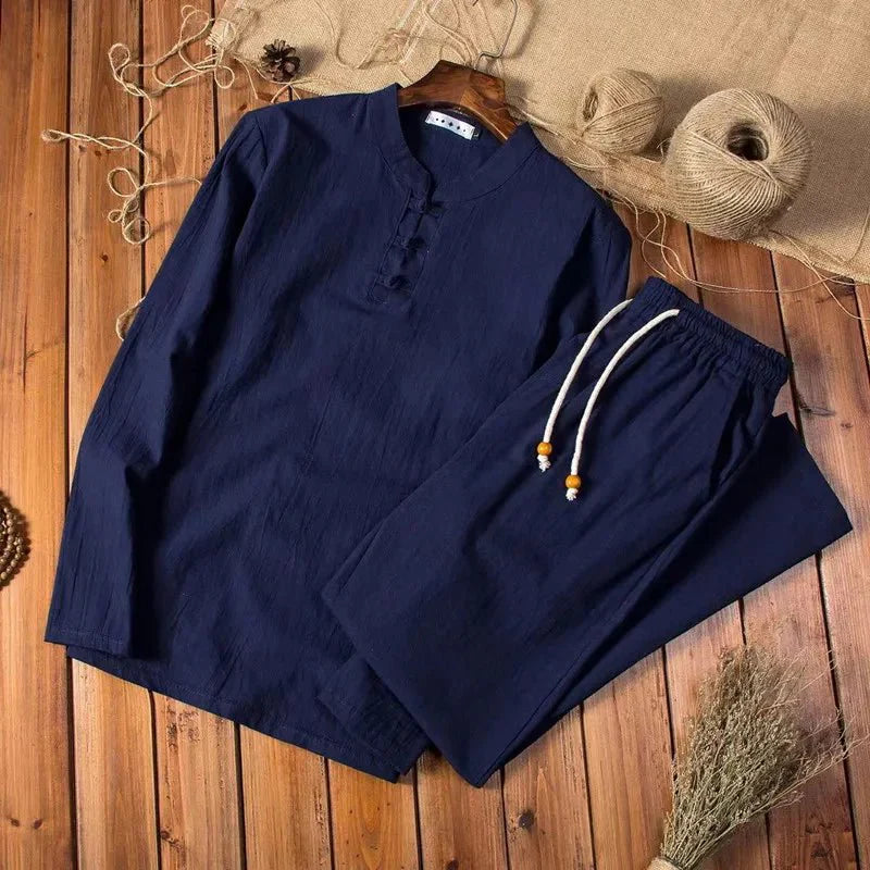 Mens Long Sleeve Frog Button Two Piece Set With Drawstring Trousers