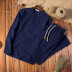 Mens Long Sleeve Frog Button Two Piece Set With Drawstring Trousers