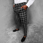 Men's Windowpane Plaid Slim Tapered Chino Trousers With Zip Fly