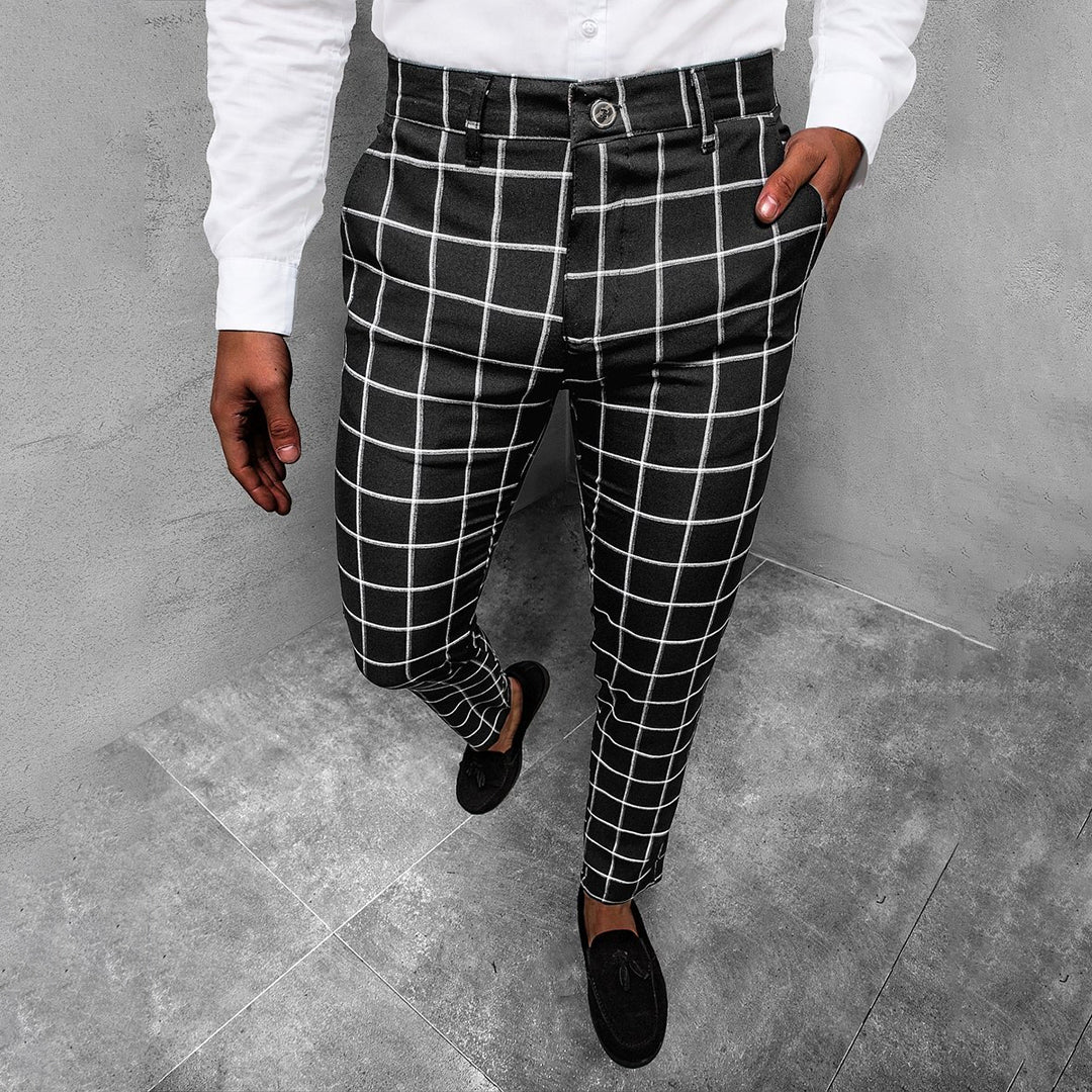Men's Windowpane Plaid Slim Tapered Chino Trousers With Zip Fly