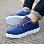 Mens Canvas Low Top Trainers With Leather Trim Heel And White Rubber Sole