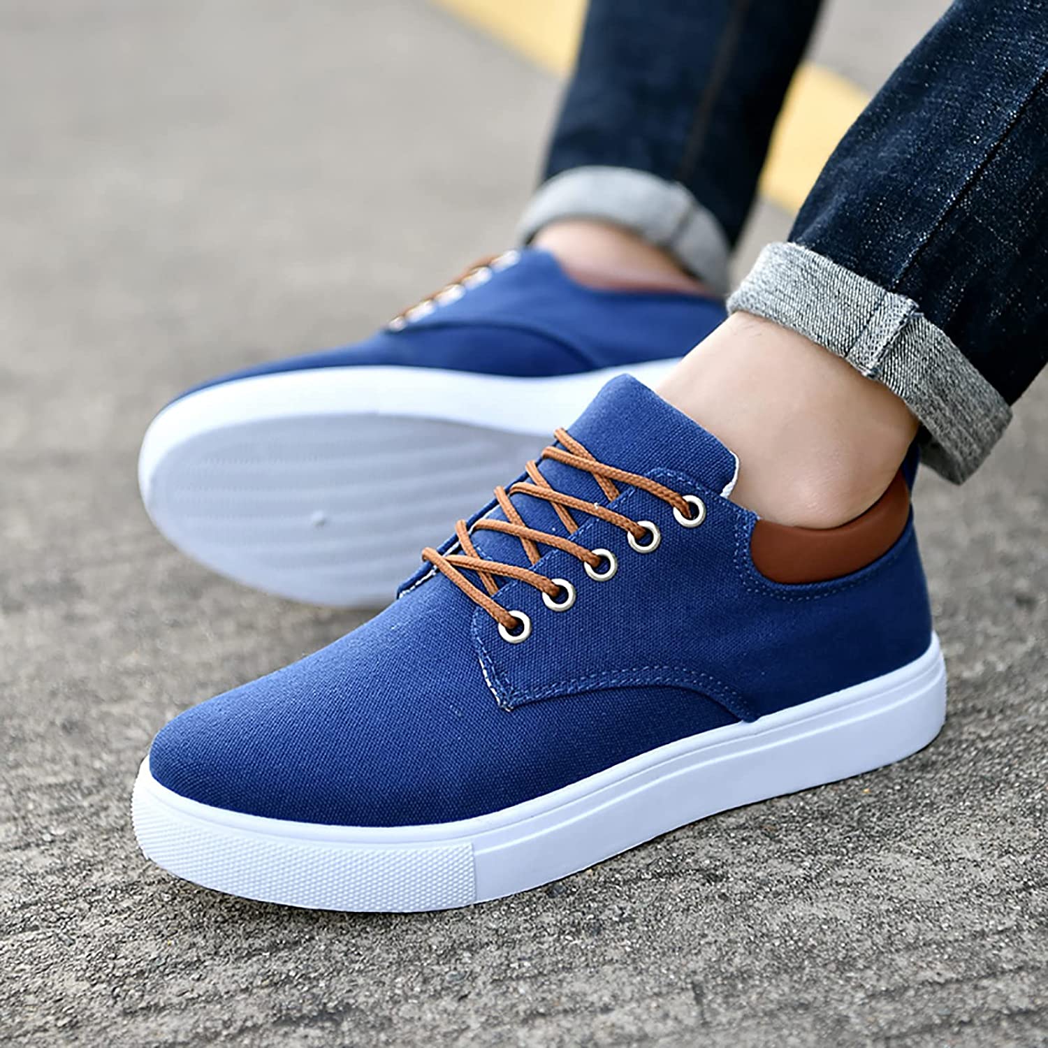Mens Canvas Low Top Trainers With Leather Trim Heel And White Rubber Sole