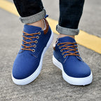 Mens Canvas Low Top Trainers With Leather Trim Heel And White Rubber Sole