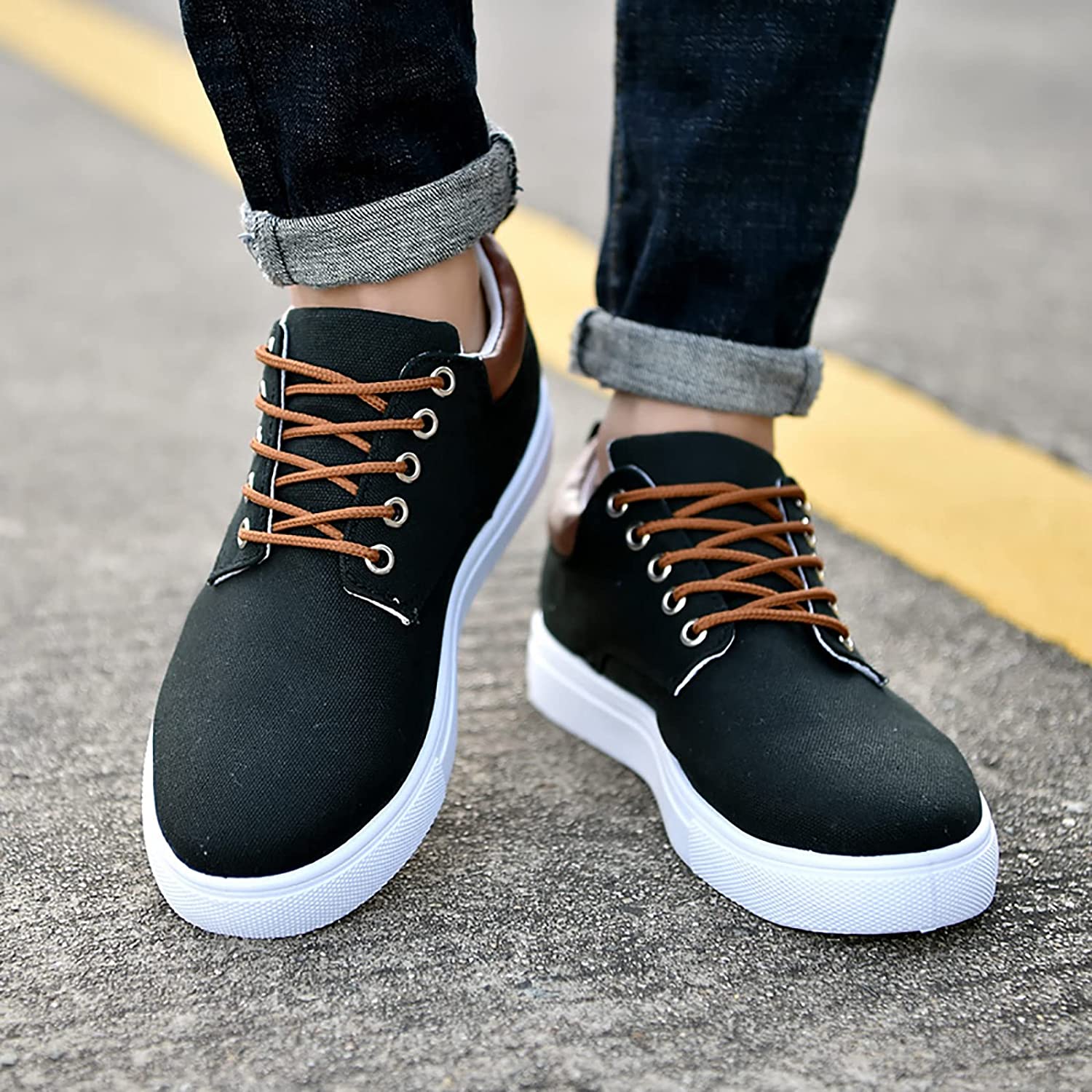 Mens Canvas Low Top Trainers With Leather Trim Heel And White Rubber Sole