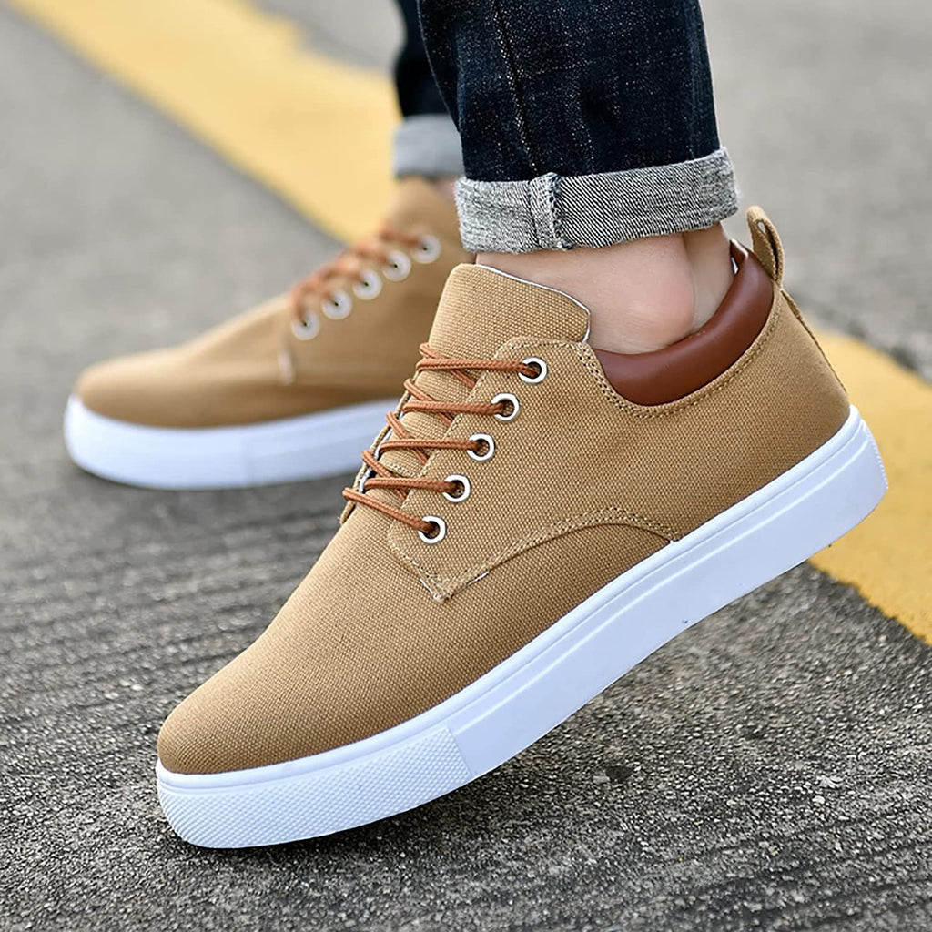 Mens Canvas Low Top Trainers With Leather Trim Heel And White Rubber Sole