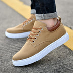 Mens Canvas Low Top Trainers With Leather Trim Heel And White Rubber Sole