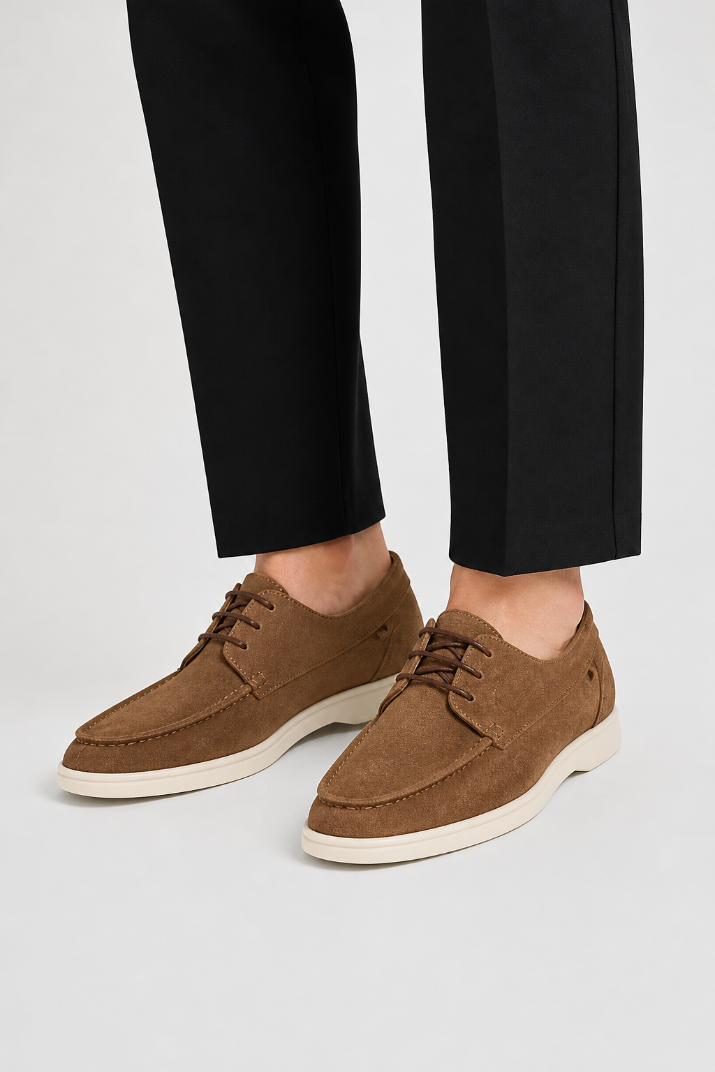 Men's Genuine Suede Moc Toe Lace Up Casual Shoes With White Sole