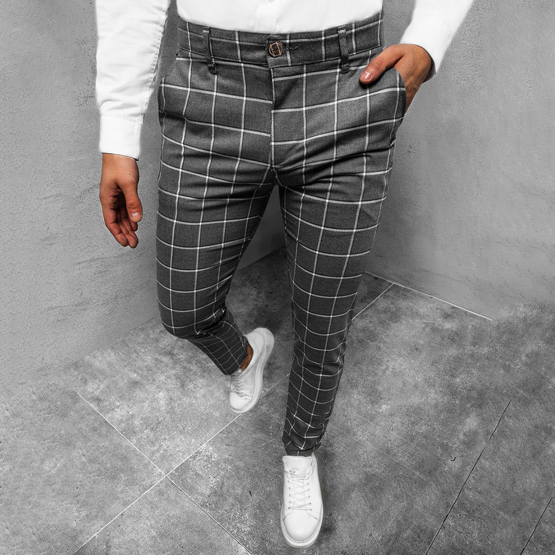 Men's Windowpane Plaid Slim Tapered Chino Trousers With Zip Fly