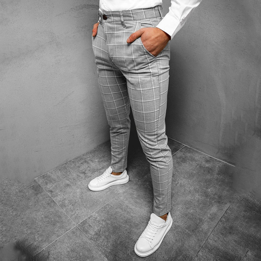 Men's Windowpane Plaid Slim Tapered Chino Trousers With Zip Fly