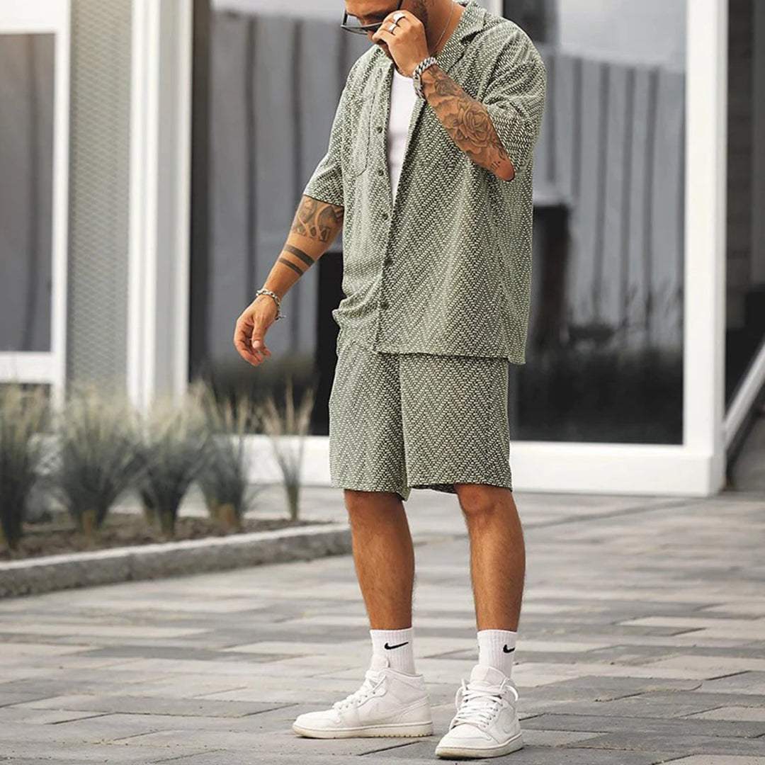 Men Short Sleeve Green Button Shirt With Drawstring Shorts Two Piece Set
