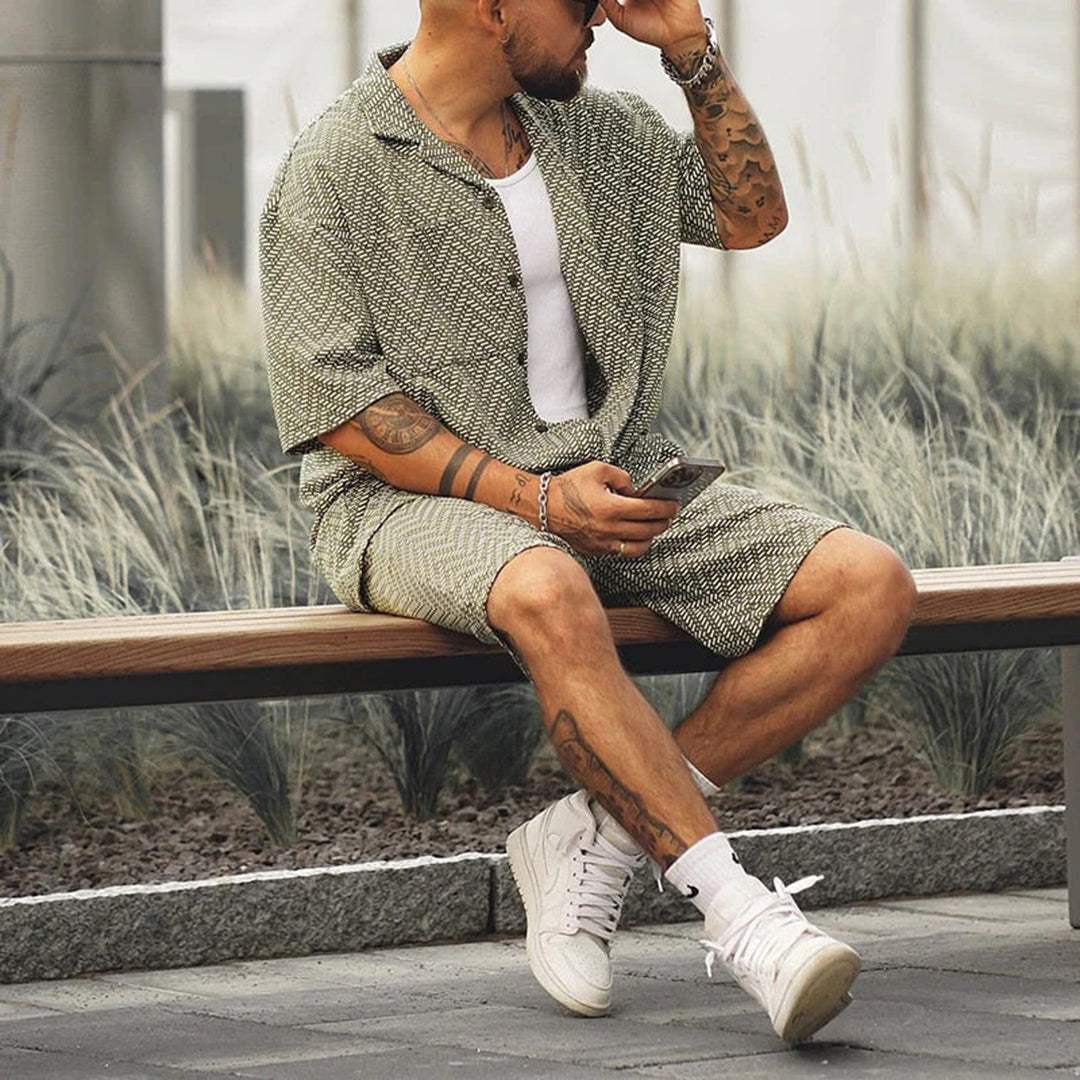 Men Short Sleeve Green Button Shirt With Drawstring Shorts Two Piece Set