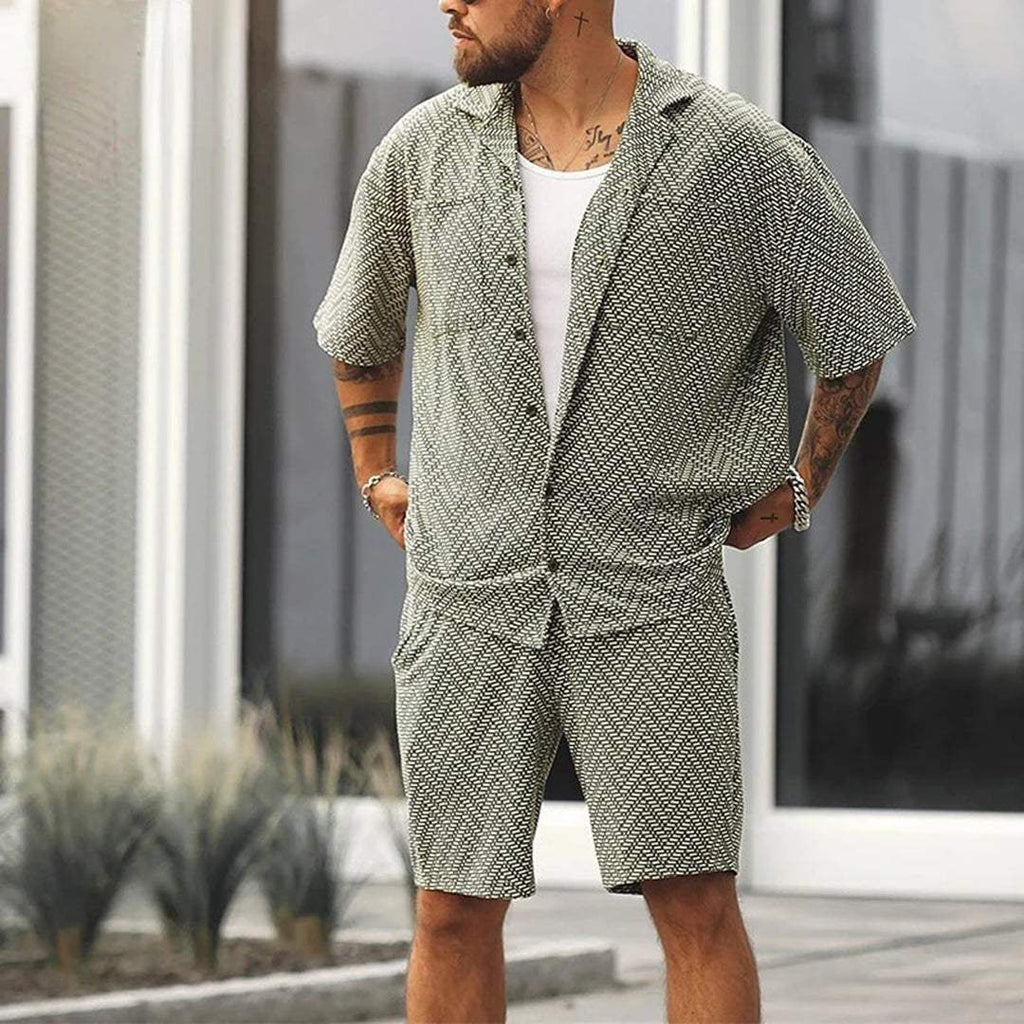 Men Short Sleeve Green Button Shirt With Drawstring Shorts Two Piece Set