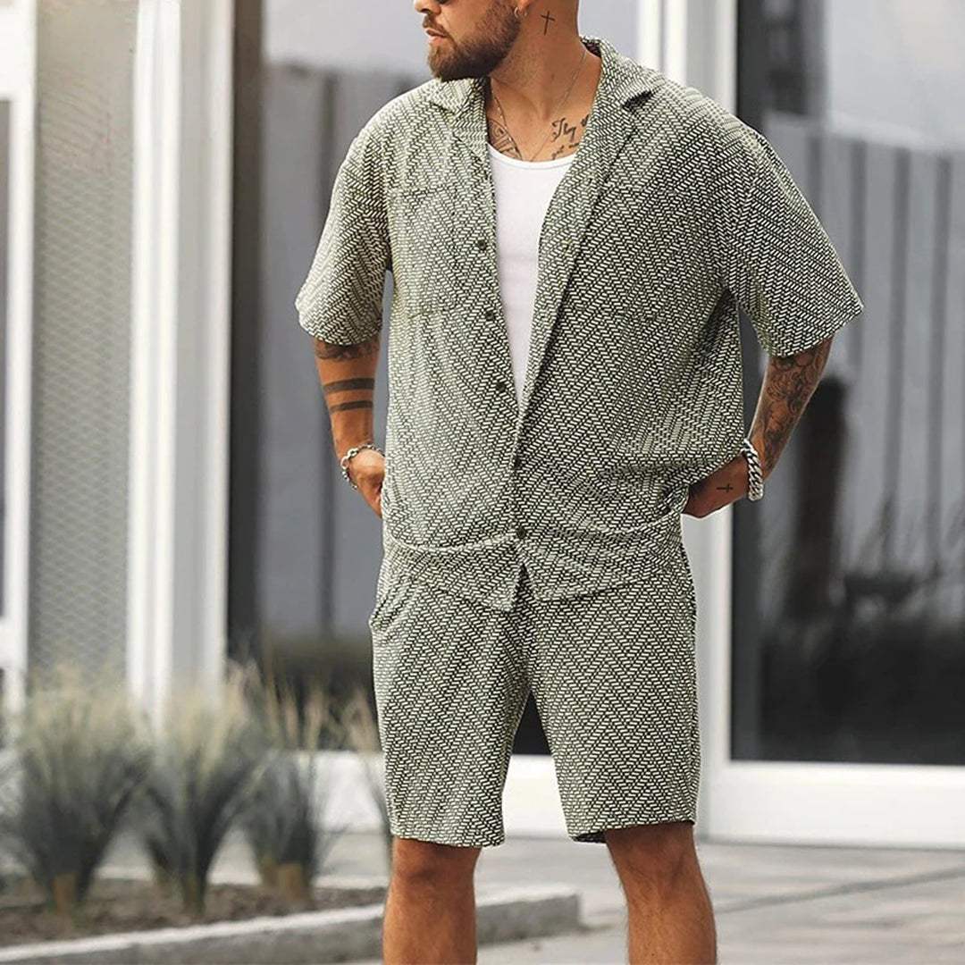 Men Short Sleeve Green Button Shirt With Drawstring Shorts Two Piece Set