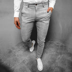 Men's Windowpane Plaid Slim Tapered Chino Trousers With Zip Fly