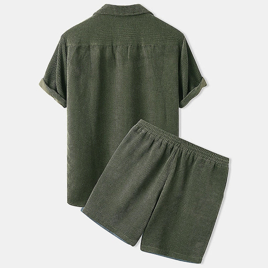 Mens Textured Short Sleeve Button Shirt And Elastic Waist Shorts Set
