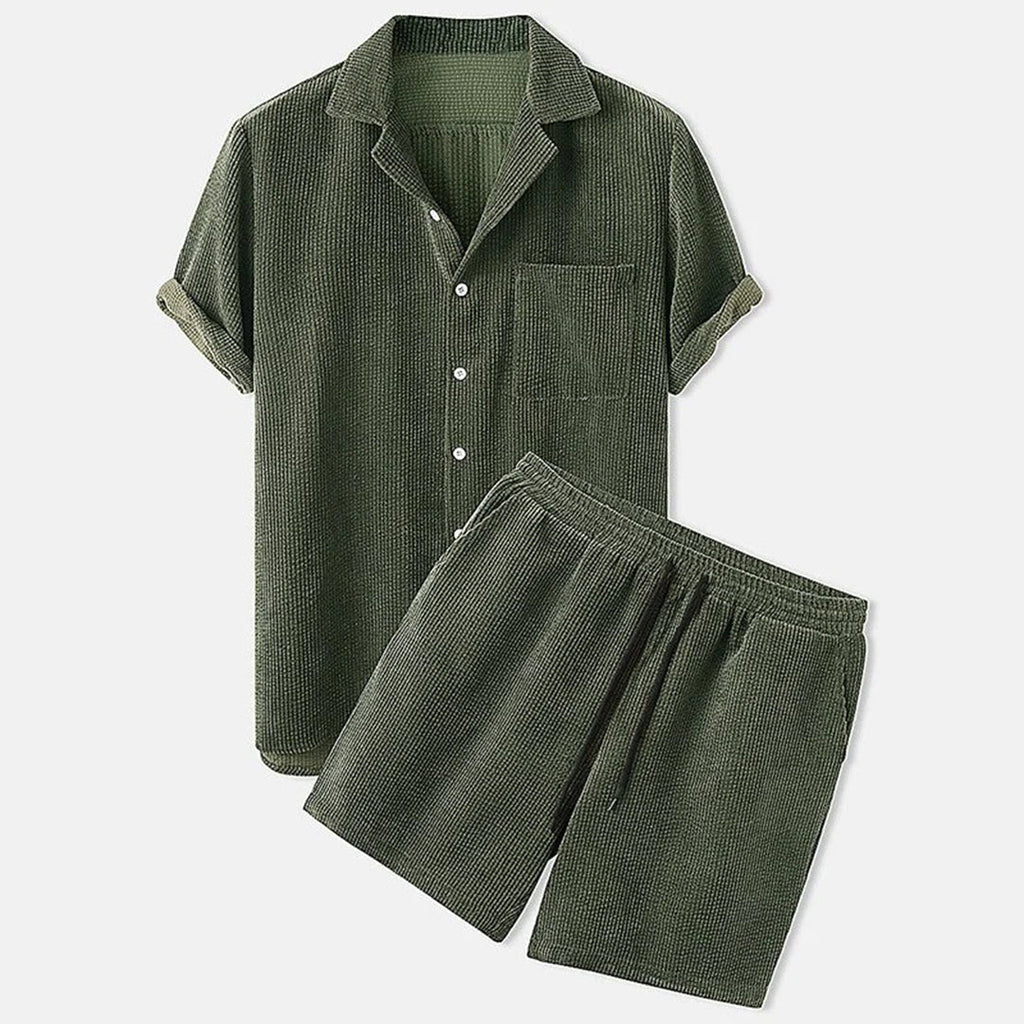 Mens Textured Short Sleeve Button Shirt And Elastic Waist Shorts Set