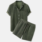 Mens Textured Short Sleeve Button Shirt And Elastic Waist Shorts Set