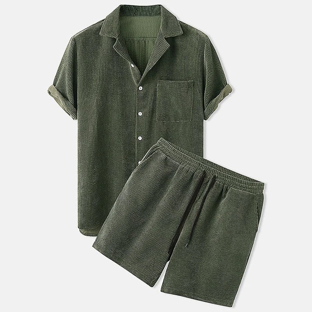 Mens Textured Short Sleeve Button Shirt And Elastic Waist Shorts Set