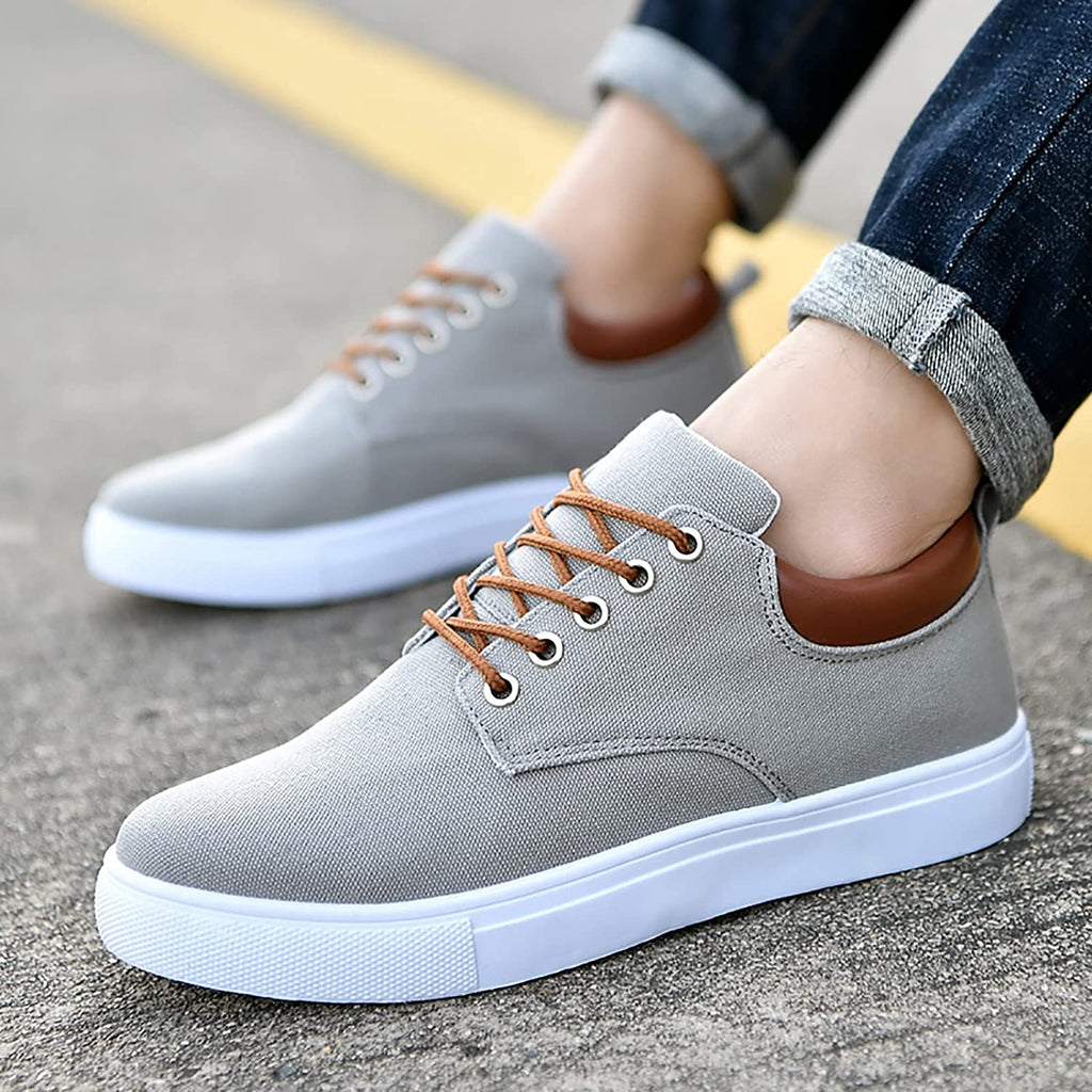 Mens Canvas Low Top Trainers With Leather Trim Heel And White Rubber Sole
