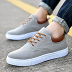 Mens Canvas Low Top Trainers With Leather Trim Heel And White Rubber Sole