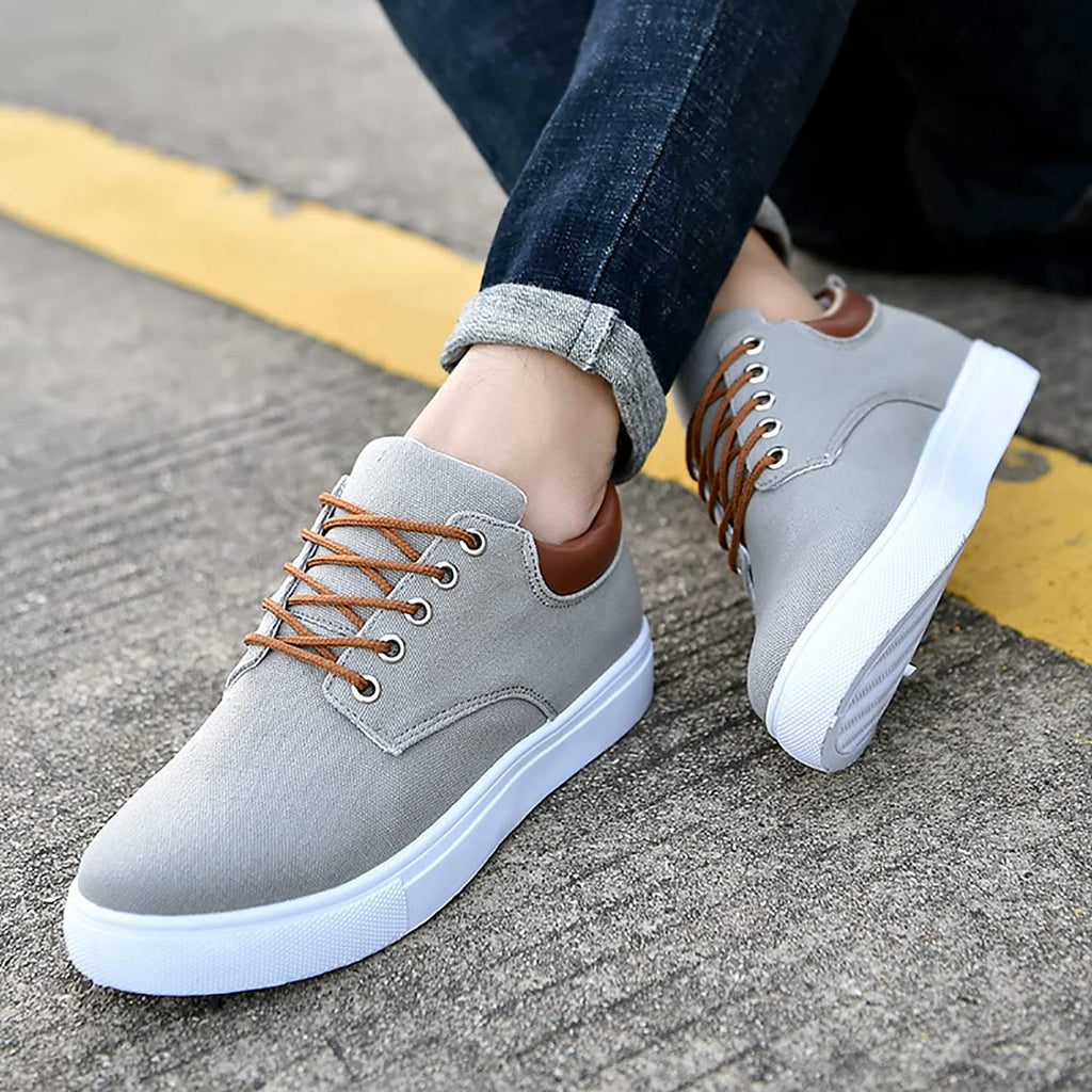 Mens Canvas Low Top Trainers With Leather Trim Heel And White Rubber Sole