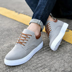 Mens Canvas Low Top Trainers With Leather Trim Heel And White Rubber Sole