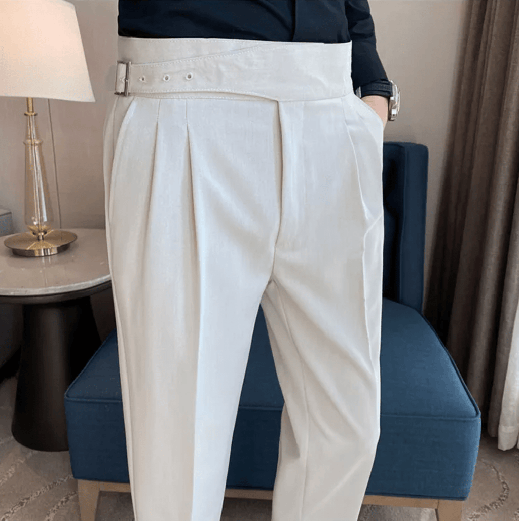 Men's Adjustable High Waisted Double Buckle Pleated Formal Trousers