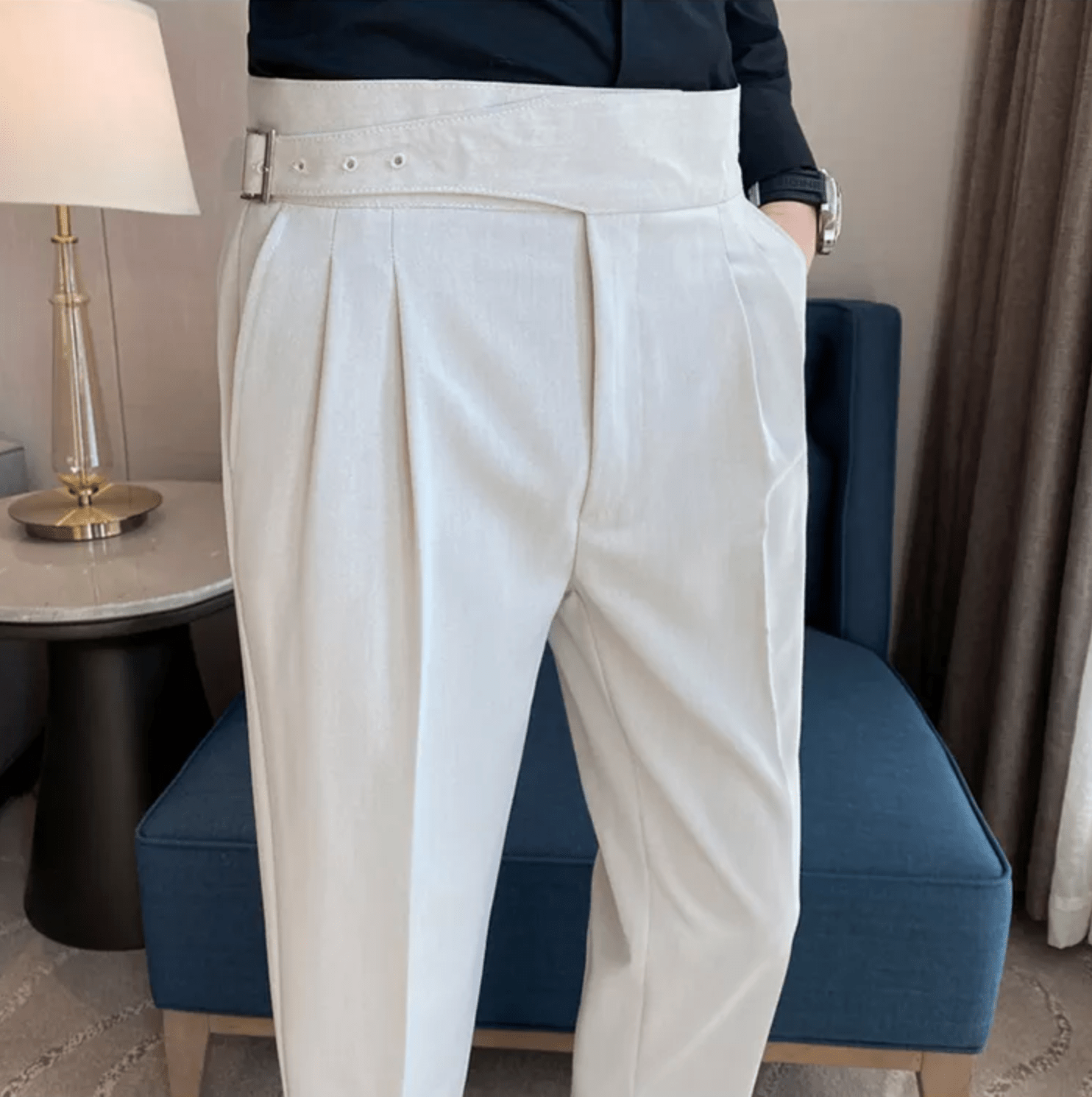Men's Adjustable High Waisted Double Buckle Pleated Formal Trousers