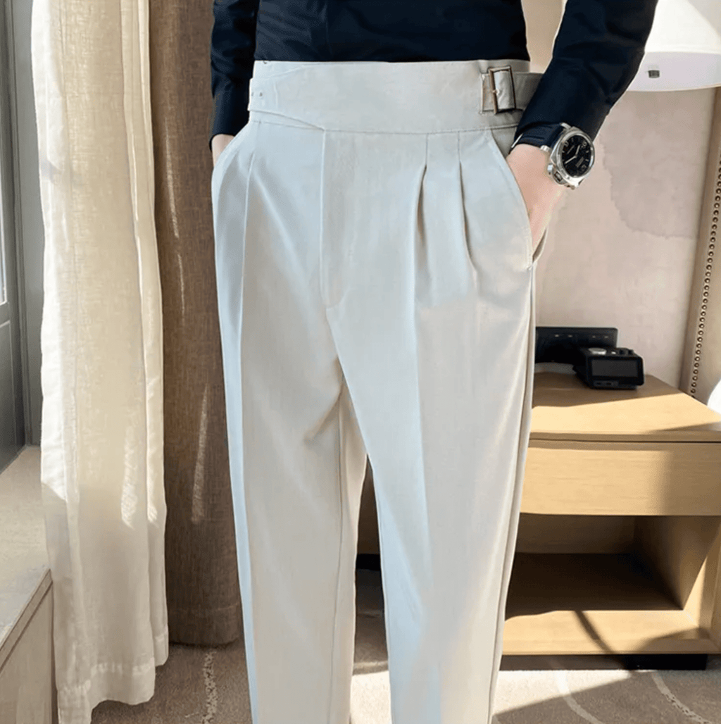 Men's Adjustable High Waisted Double Buckle Pleated Formal Trousers