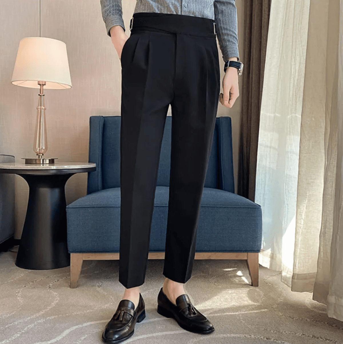 Men's Adjustable High Waisted Double Buckle Pleated Formal Trousers