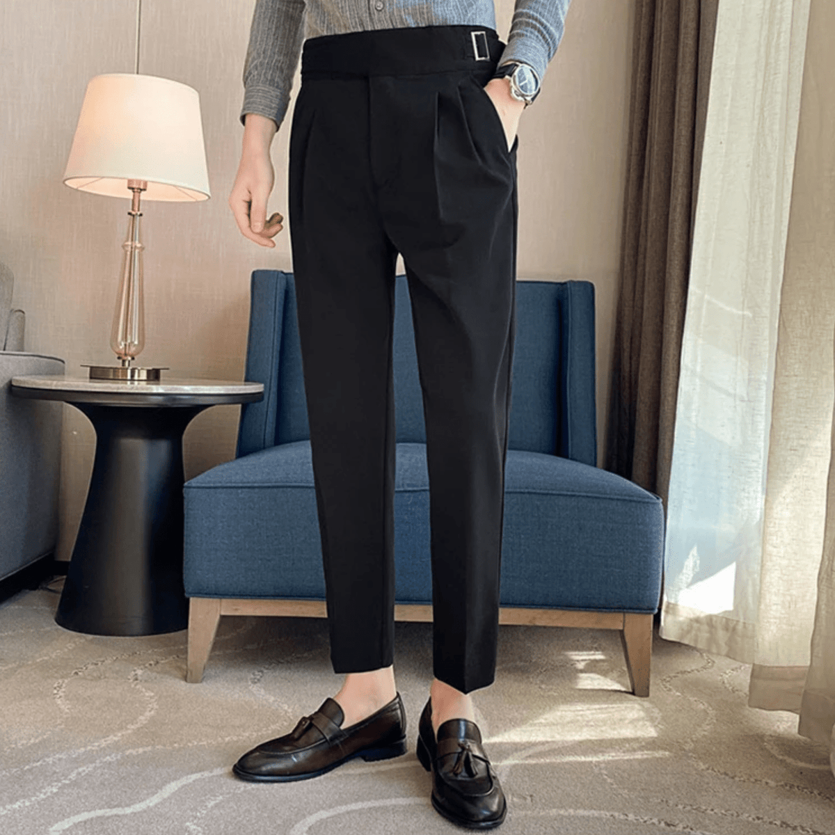 Men's Adjustable High Waisted Double Buckle Pleated Formal Trousers