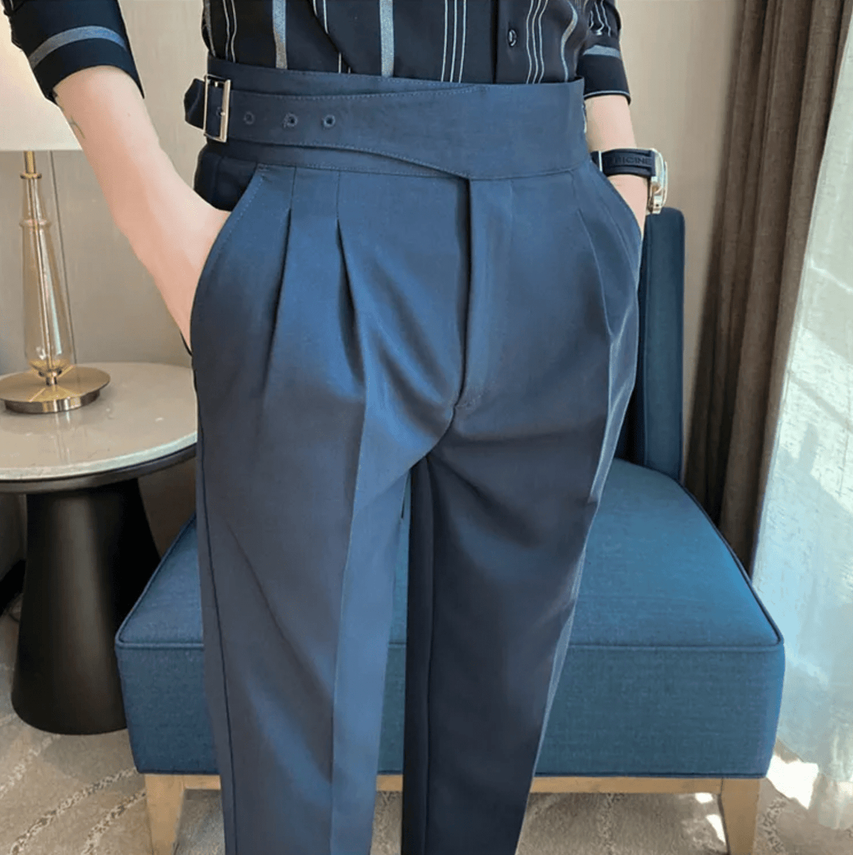 Men's Adjustable High Waisted Double Buckle Pleated Formal Trousers