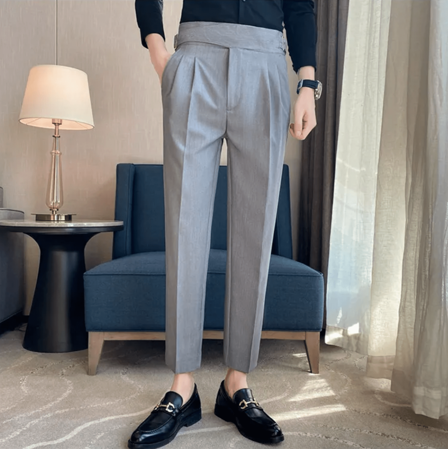 Men's Adjustable High Waisted Double Buckle Pleated Formal Trousers