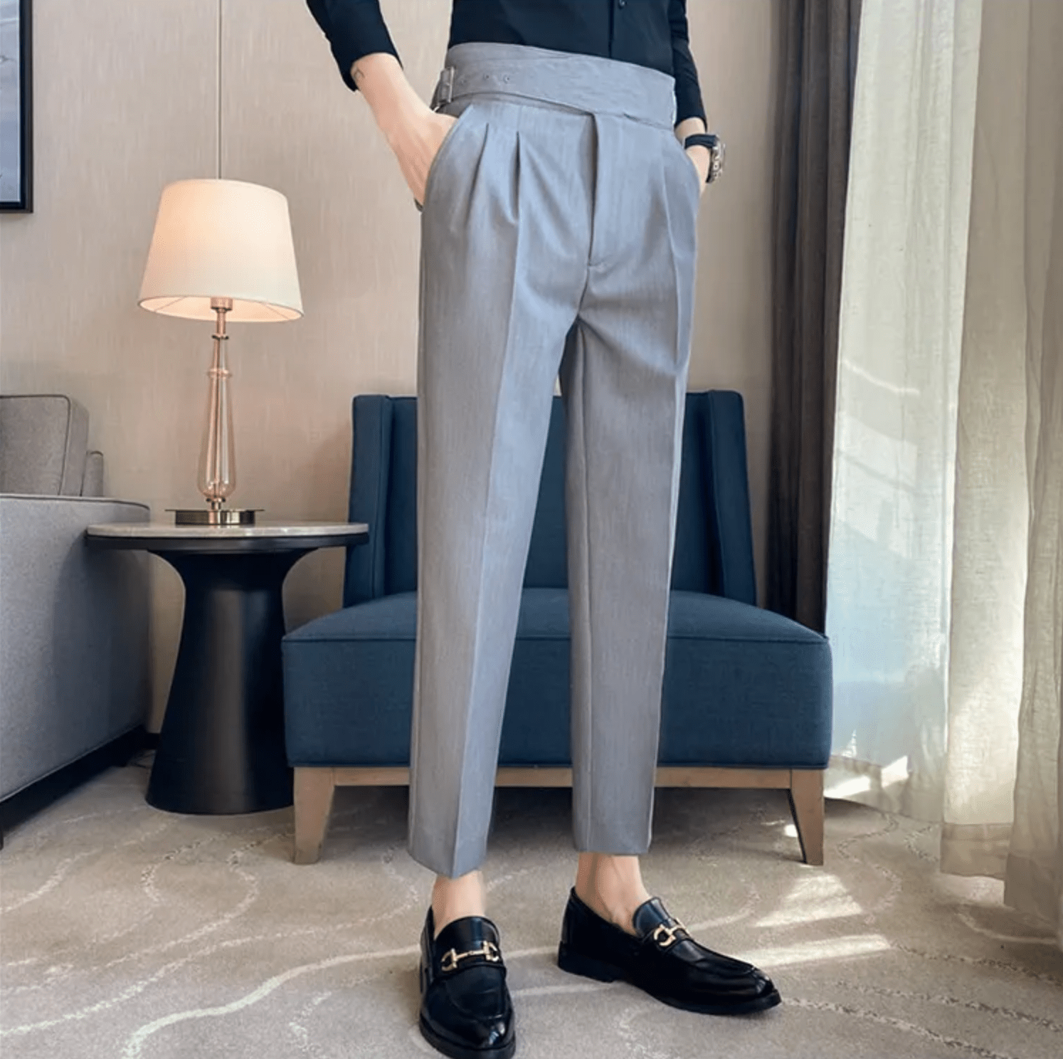 Men's Adjustable High Waisted Double Buckle Pleated Formal Trousers