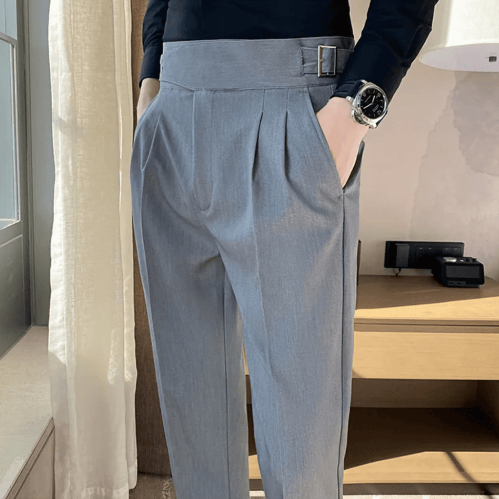 Men's Adjustable High Waisted Double Buckle Pleated Formal Trousers