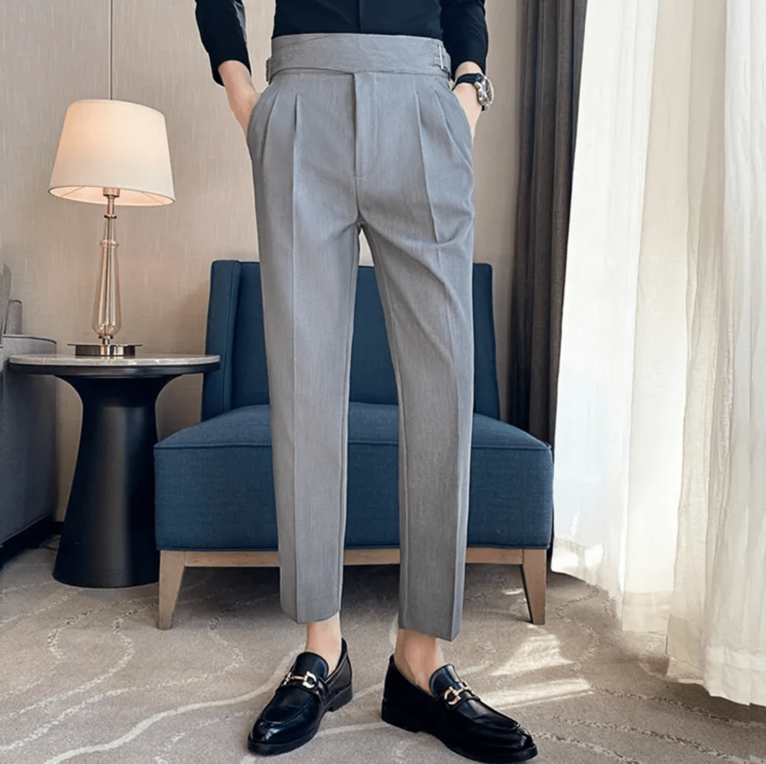 Men's Adjustable High Waisted Double Buckle Pleated Formal Trousers