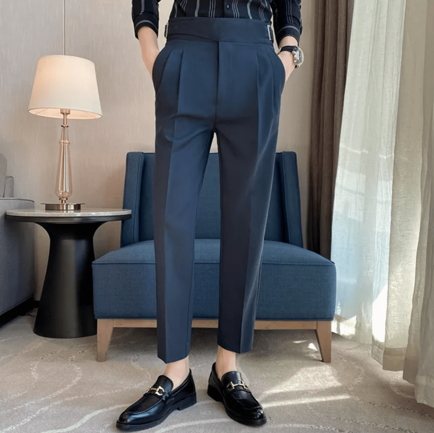Men's Adjustable High Waisted Double Buckle Pleated Formal Trousers