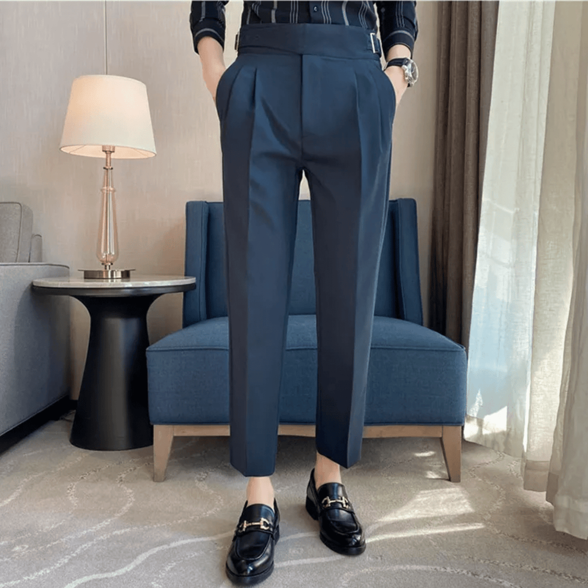 Men's Adjustable High Waisted Double Buckle Pleated Formal Trousers