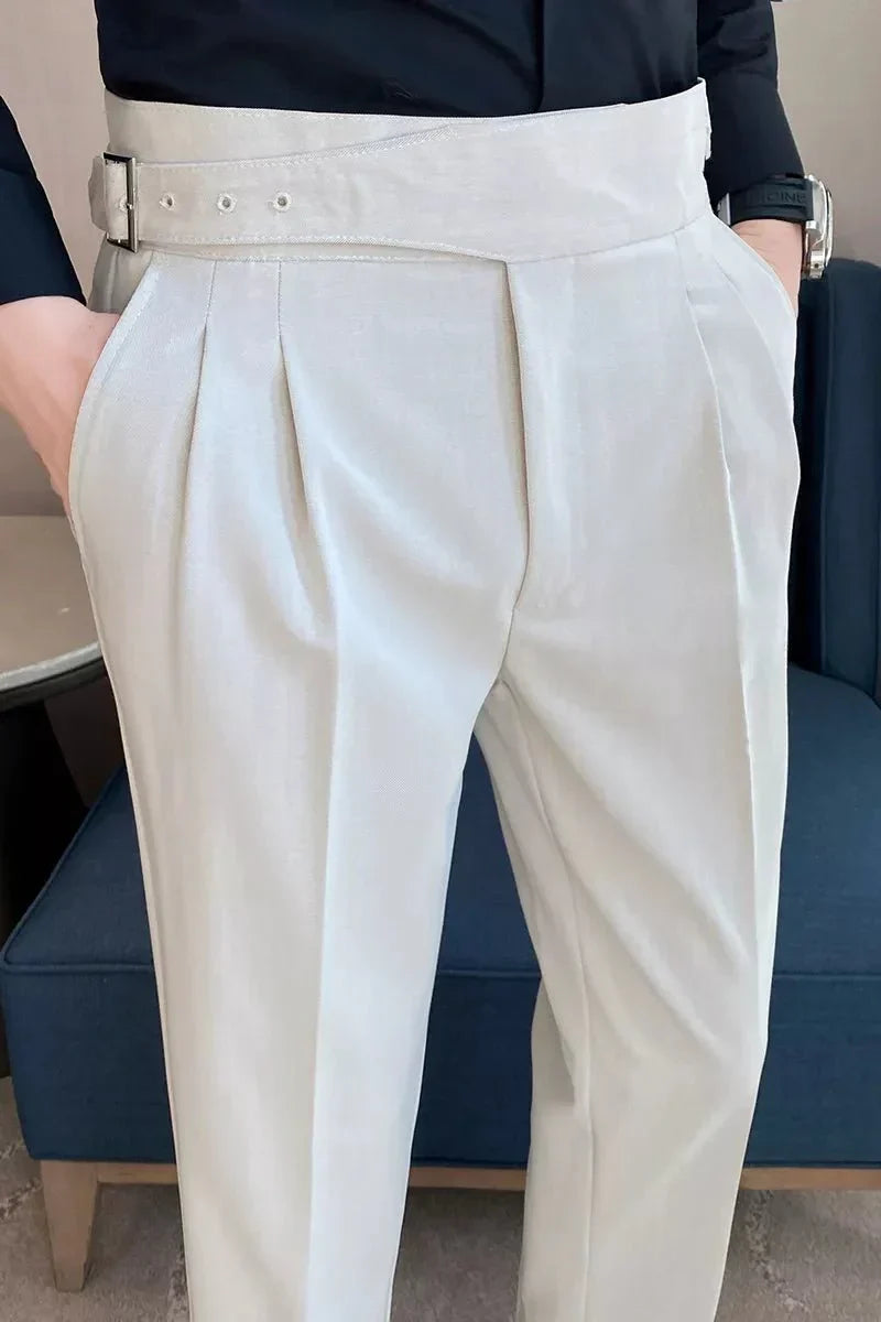 Men's Adjustable High Waisted Double Buckle Pleated Formal Trousers