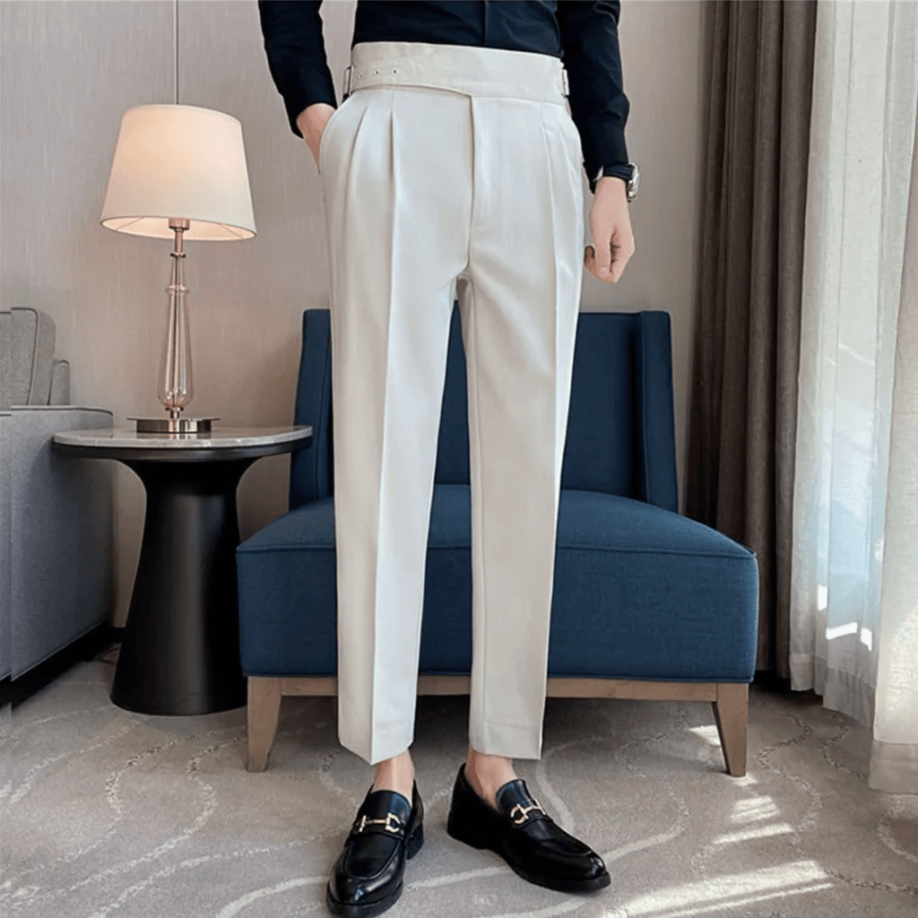 Men's Adjustable High Waisted Double Buckle Pleated Formal Trousers