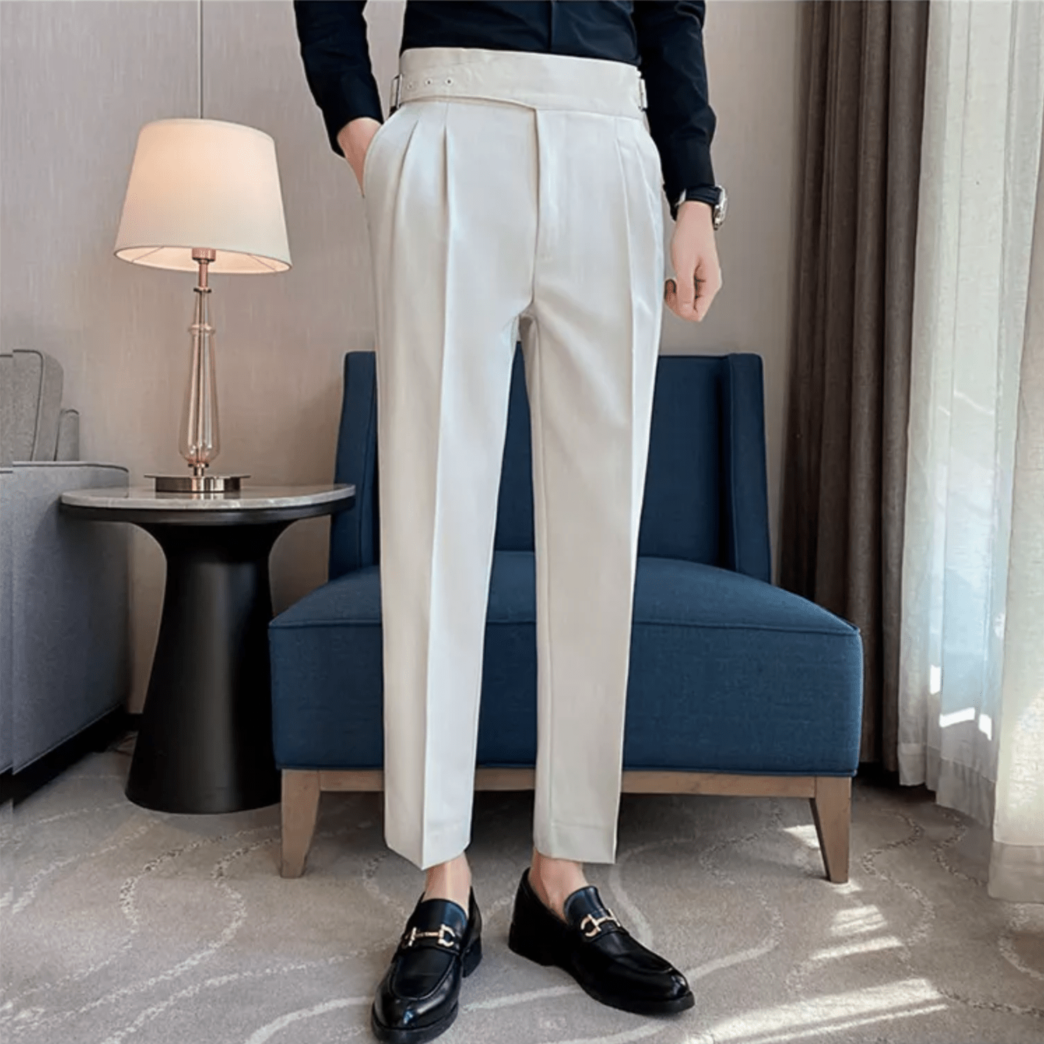 Men's Adjustable High Waisted Double Buckle Pleated Formal Trousers