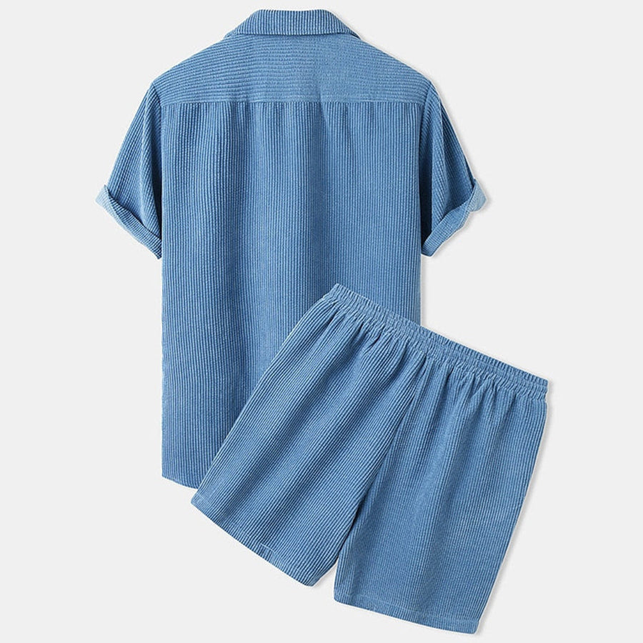 Mens Textured Short Sleeve Button Shirt And Elastic Waist Shorts Set