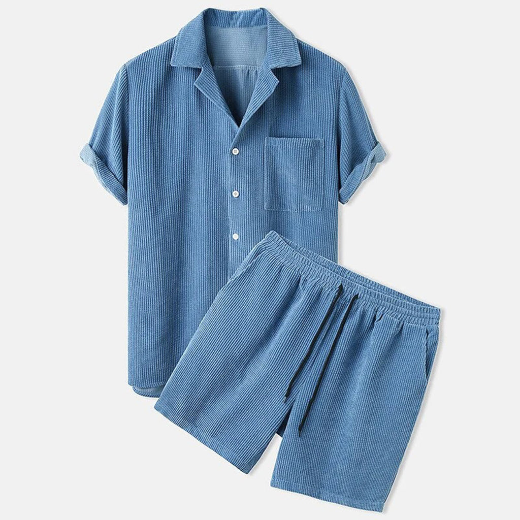 Mens Textured Short Sleeve Button Shirt And Elastic Waist Shorts Set