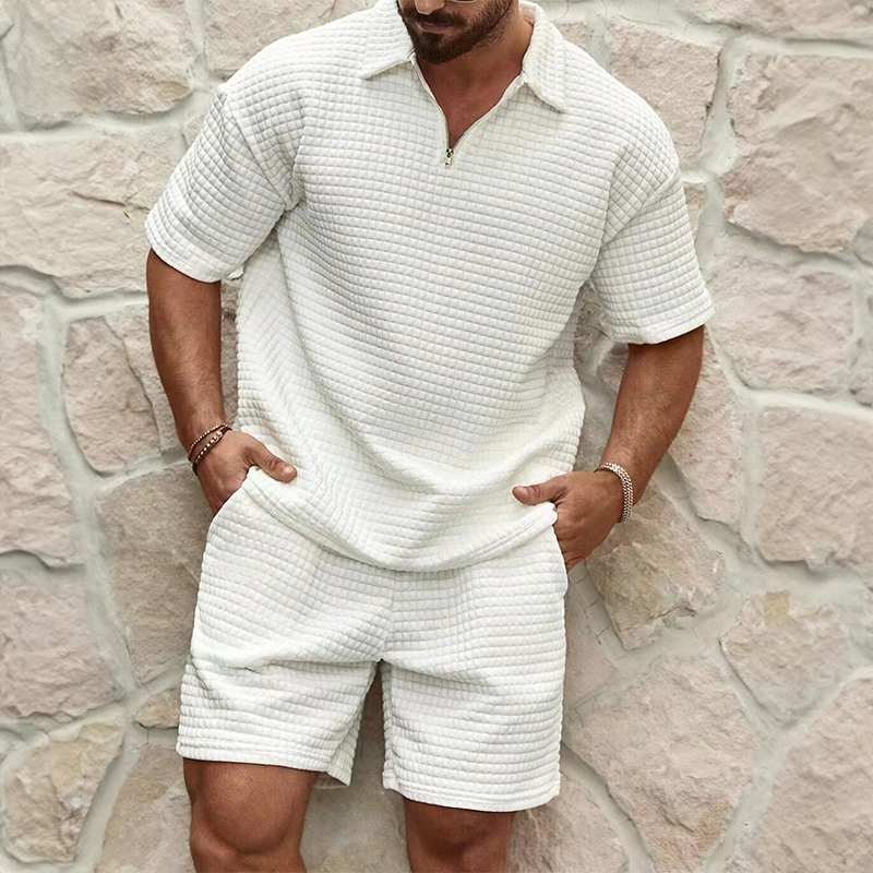 Men's Waffle Two Piece Set With Quarter Zip Polo And Elastic Shorts