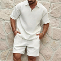 Men's Waffle Two Piece Set With Quarter Zip Polo And Elastic Shorts