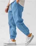 Urban Men's Linen Joggers Relaxed Fit Tapered Ankle Elastic Cuffs